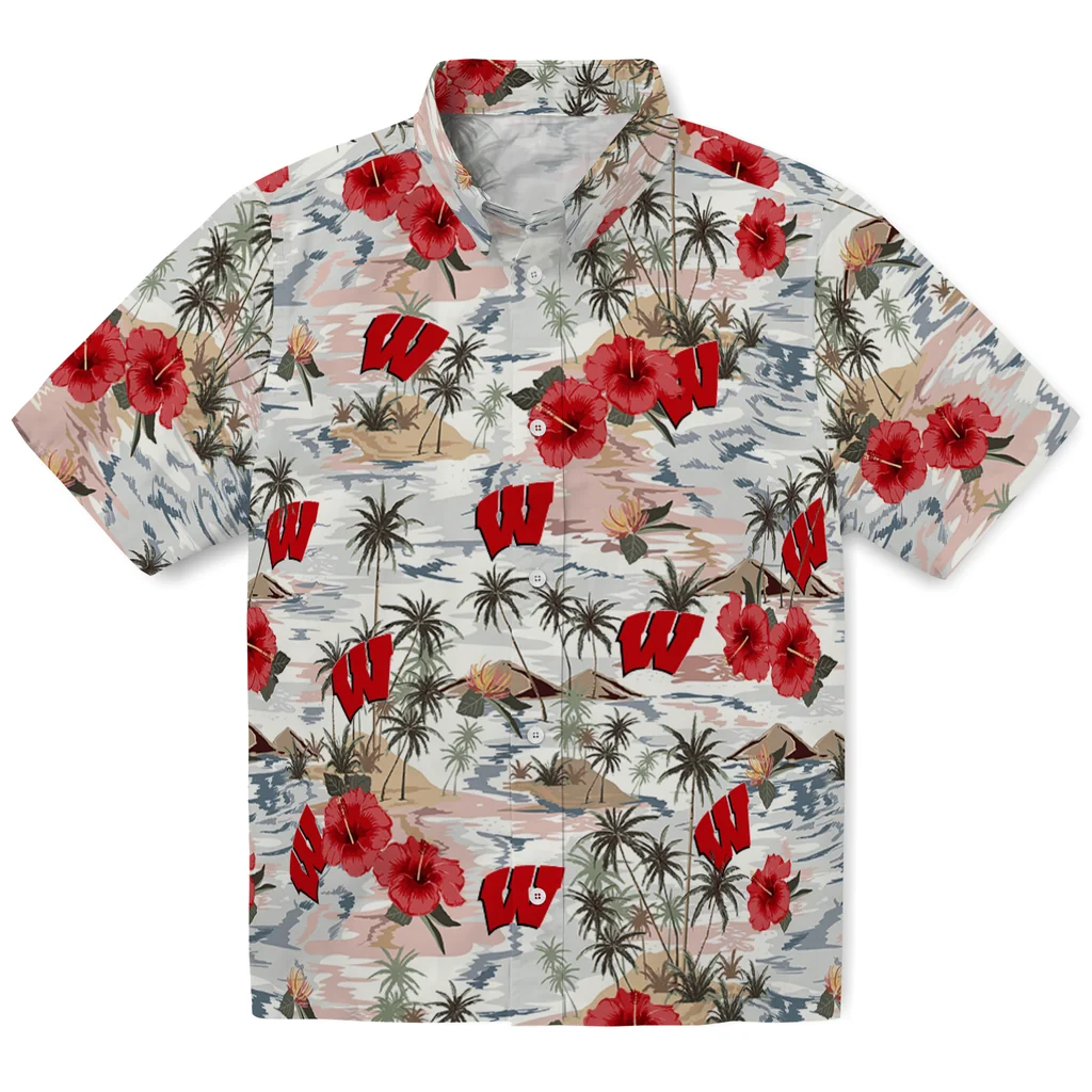 Wisconsin Badgers Hawaiian Shirt - Hibiscus Seaside wisconsin badgers hibiscus seaside white hawaiian shirts best selling