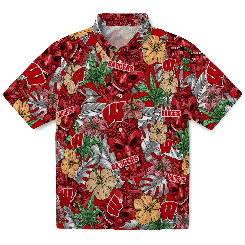 Wisconsin Badgers Hawaiian Shirt - Hibiscus Tiki Jungle wisconsin badgers tiki jungle red hawaiian shirts best selling