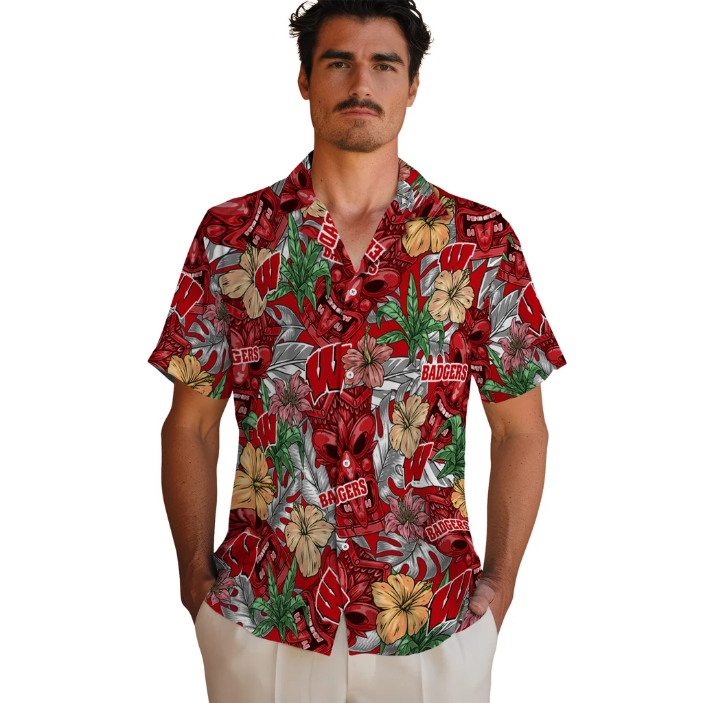 Wisconsin Badgers Hawaiian Shirt - Hibiscus Tiki Jungle wisconsin badgers tiki jungle red hawaiian shirts fashion forward