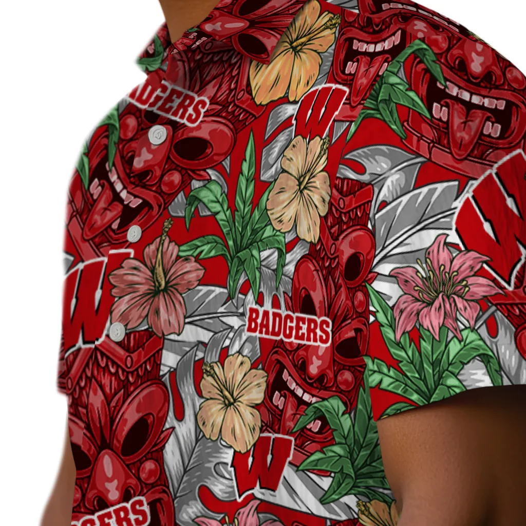 Wisconsin Badgers Hawaiian Shirt - Hibiscus Tiki Jungle wisconsin badgers tiki jungle red hawaiian shirts trendy