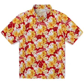 wisconsin badgers hibiscus tropics red yellow hawaiian shirts best selling