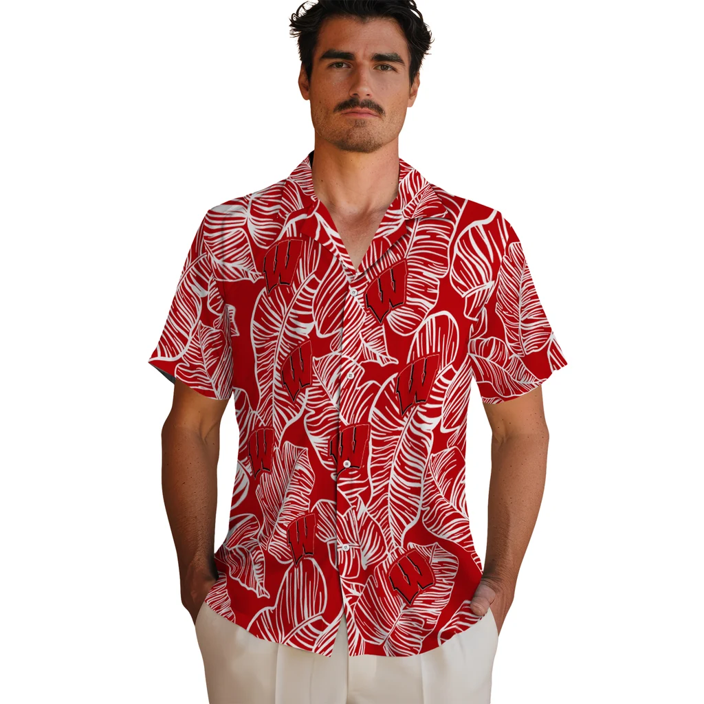 Wisconsin Badgers Hawaiian Shirt - Leaf Outline wisconsin badgers leaf outline red hawaiian shirts fashion forward