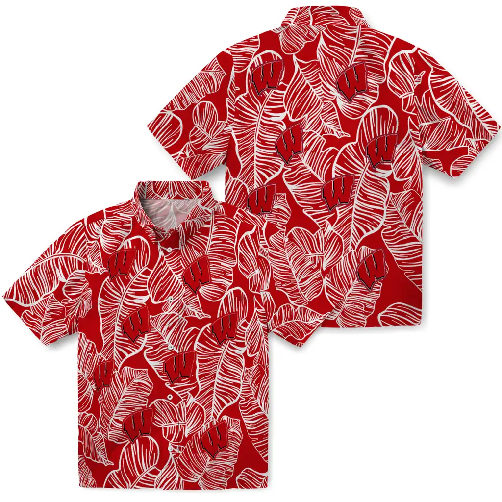 Wisconsin Badgers Hawaiian Shirt - Leaf Outline wisconsin badgers leaf outline red hawaiian shirts high quality