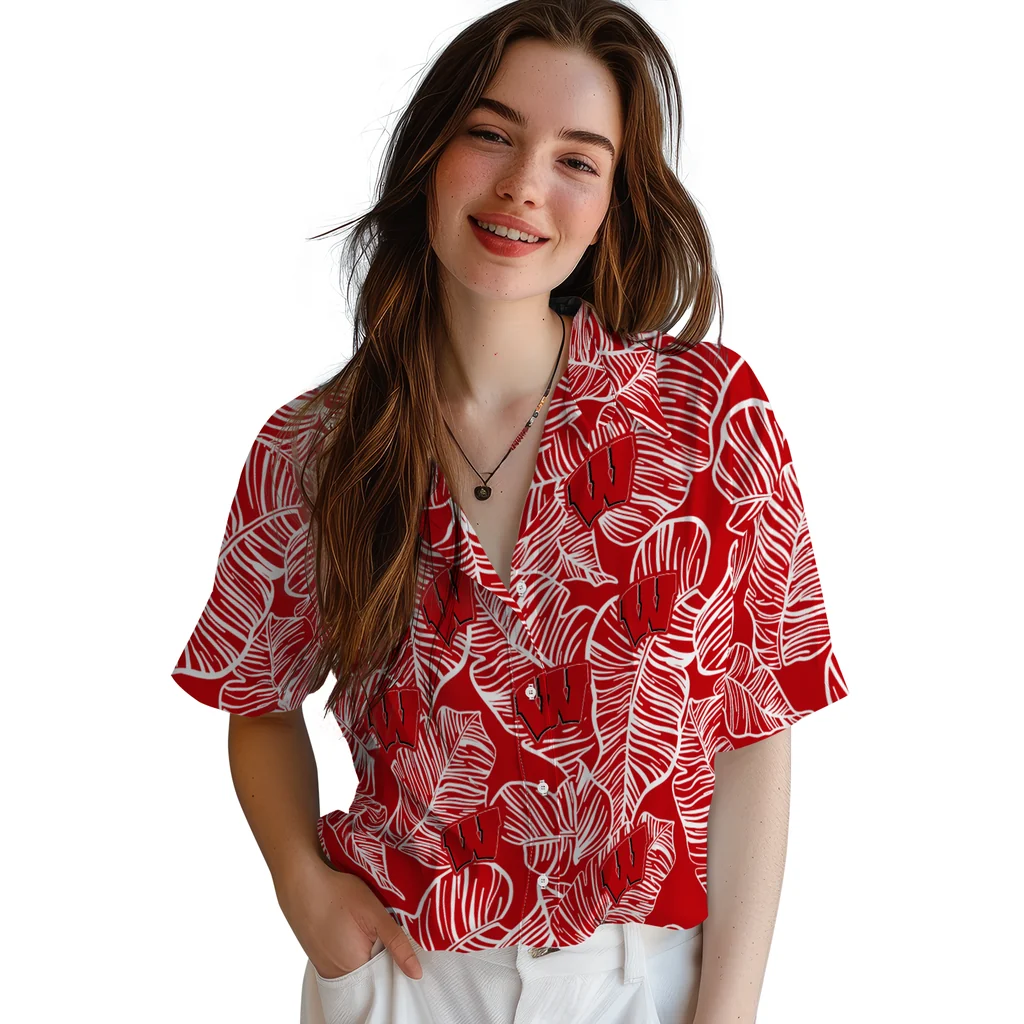 Wisconsin Badgers Hawaiian Shirt - Leaf Outline wisconsin badgers leaf outline red hawaiian shirts latest model