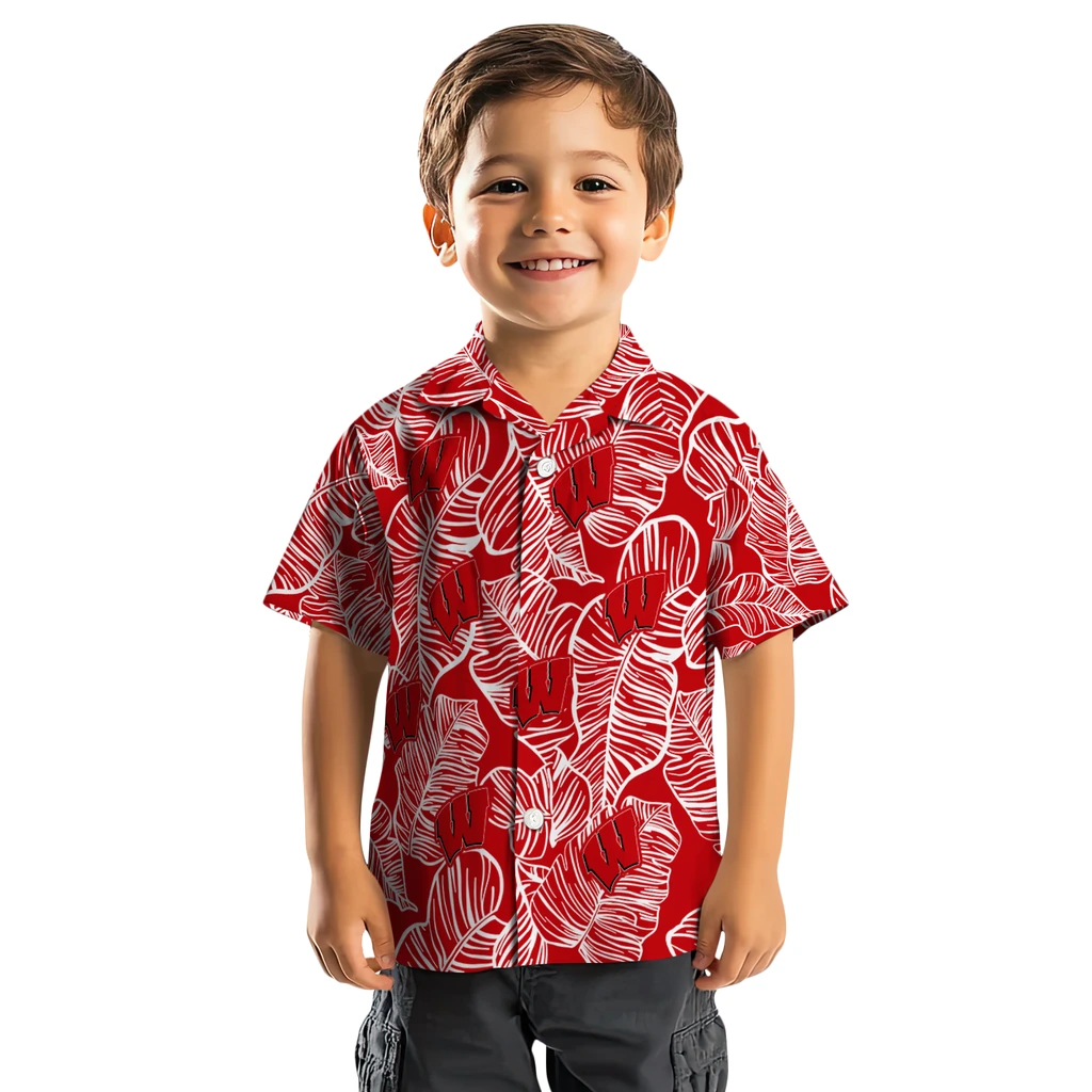Wisconsin Badgers Hawaiian Shirt - Leaf Outline wisconsin badgers leaf outline red hawaiian shirts top rated