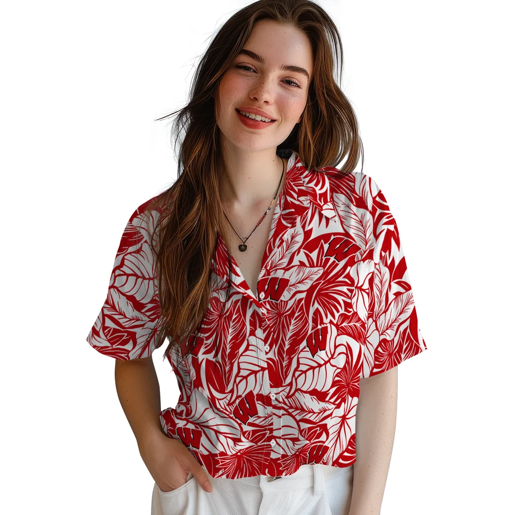 Wisconsin Badgers Hawaiian Shirt - Monstera Layer wisconsin badgers monstera layer red hawaiian shirts latest model