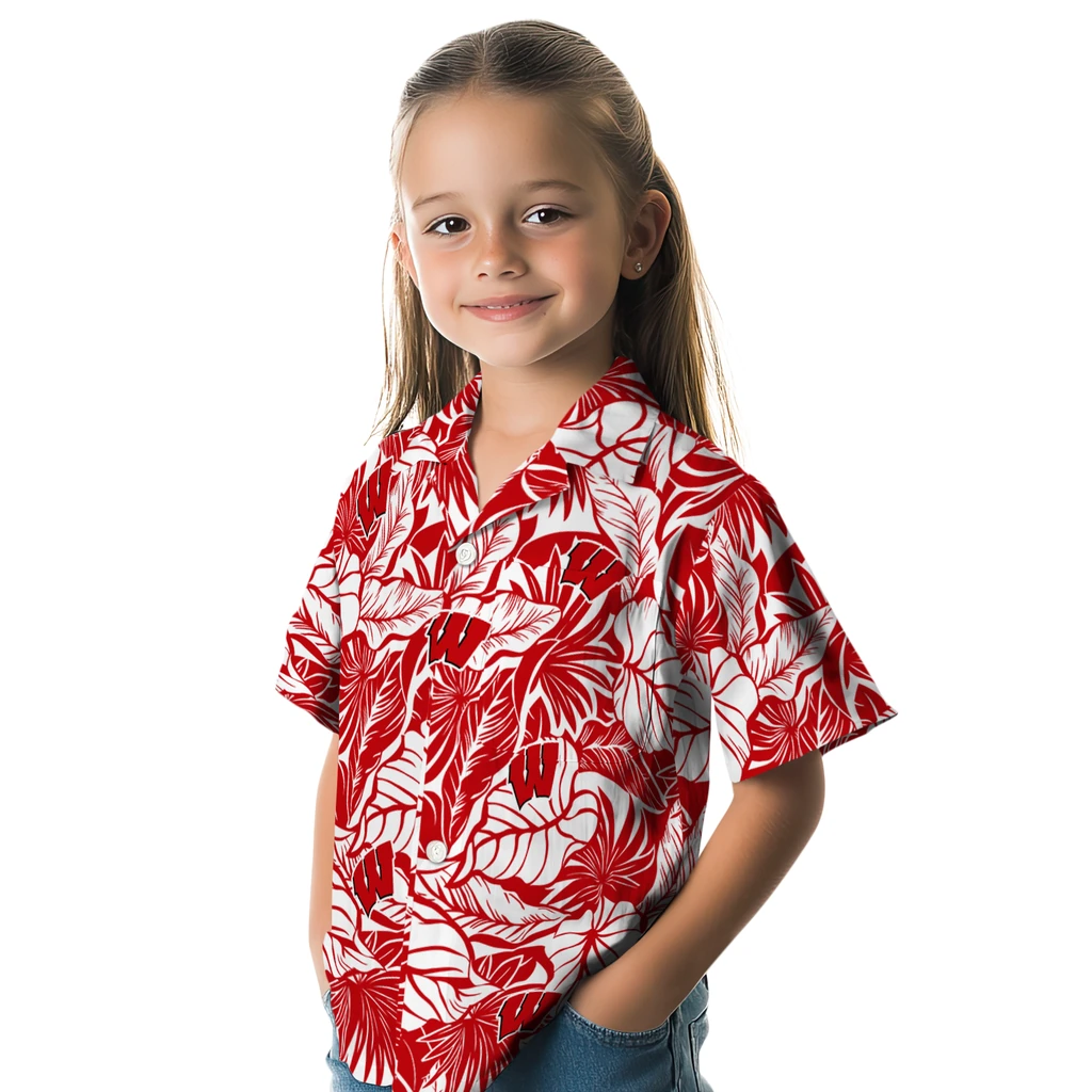 Wisconsin Badgers Hawaiian Shirt - Monstera Layer wisconsin badgers monstera layer red hawaiian shirts premium grade