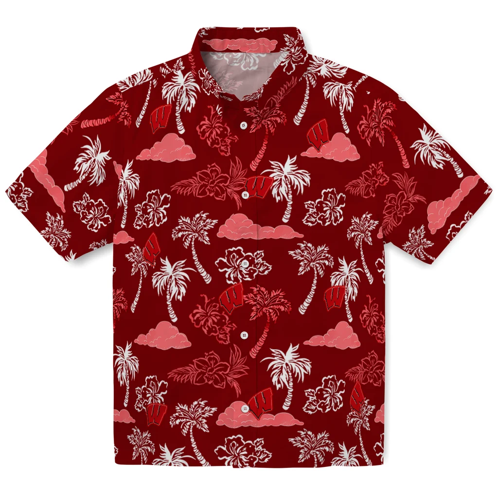 Wisconsin Badgers Hawaiian Shirt - Palm And Clouds wisconsin badgers palm and clouds red hawaiian shirts best selling