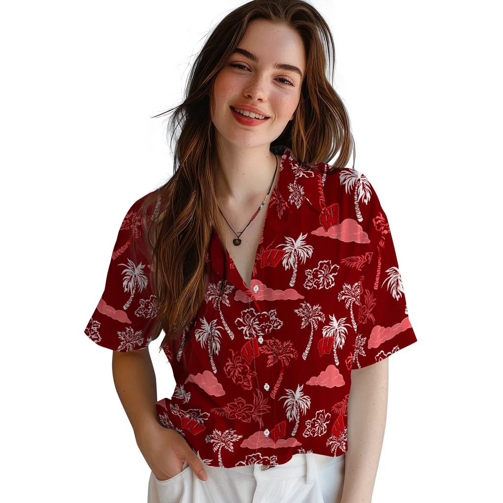 Wisconsin Badgers Hawaiian Shirt - Palm And Clouds wisconsin badgers palm and clouds red hawaiian shirts latest model