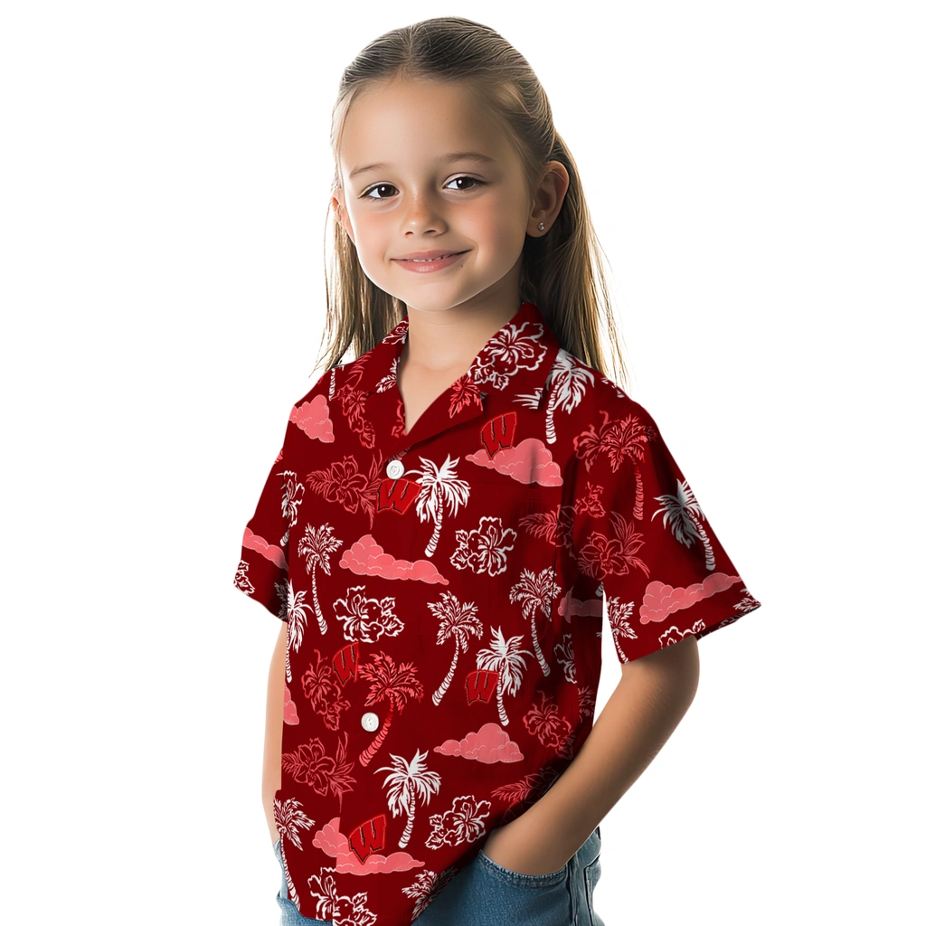 Wisconsin Badgers Hawaiian Shirt - Palm And Clouds wisconsin badgers palm and clouds red hawaiian shirts premium grade
