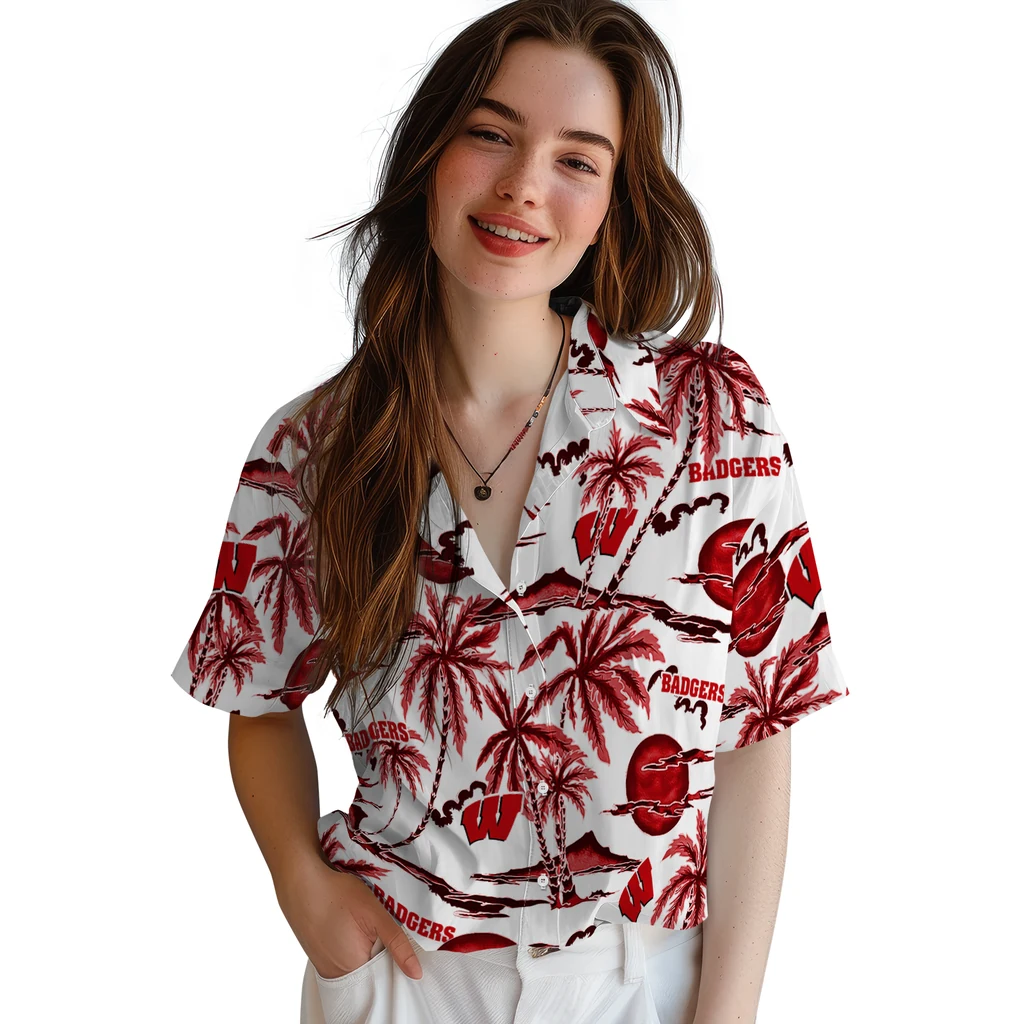 Wisconsin Badgers Hawaiian Shirt - Palm Sunset wisconsin badgers palm sunset hawaiian shirts latest model