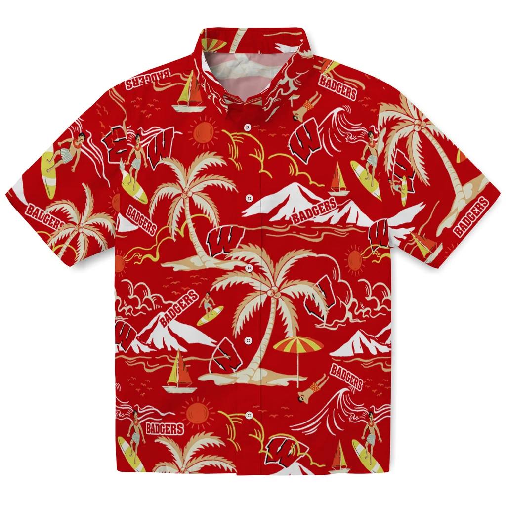 Wisconsin Badgers Hawaiian Shirt - Palm Tree Island wisconsin badgers palm tree island red hawaiian shirts best selling