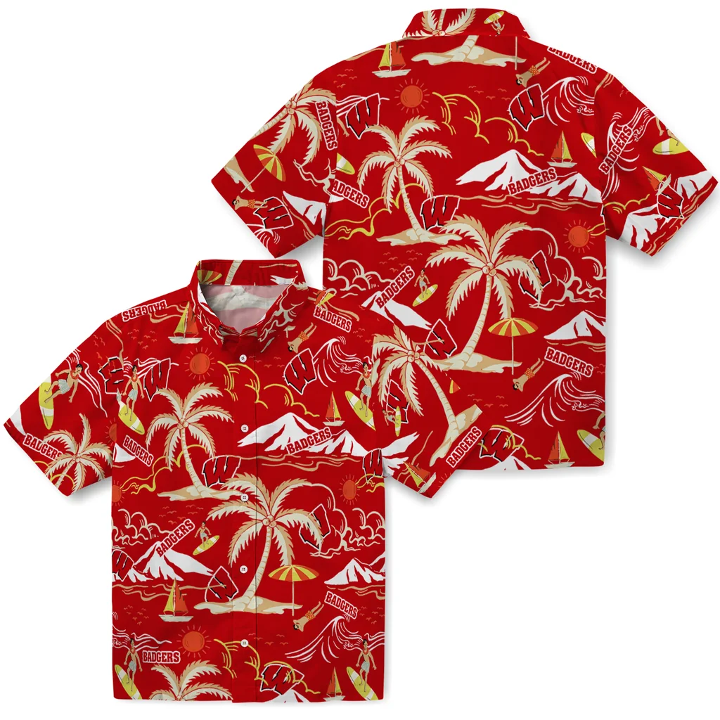 Wisconsin Badgers Hawaiian Shirt - Palm Tree Island wisconsin badgers palm tree island red hawaiian shirts high quality