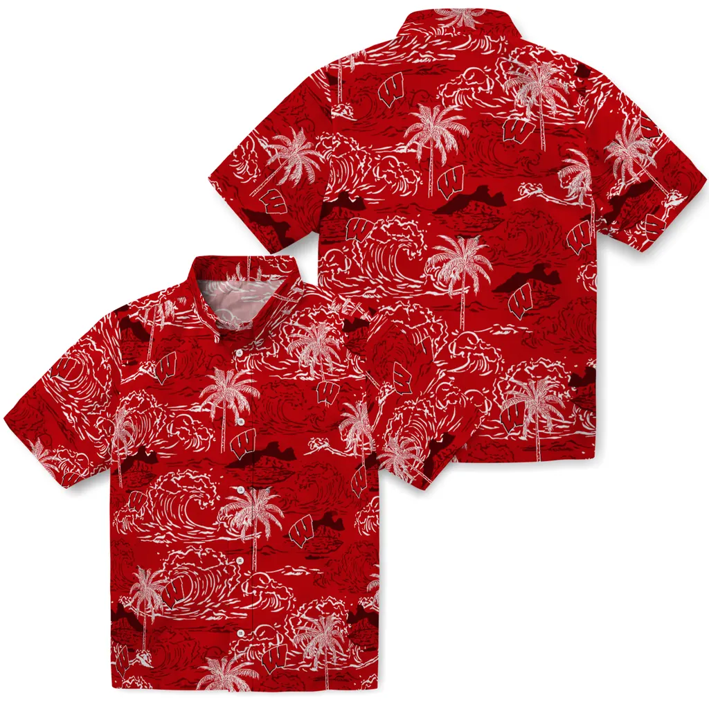 Wisconsin Badgers Hawaiian Shirt - Wave Palm wisconsin badgers wave palm red hawaiian shirts high quality