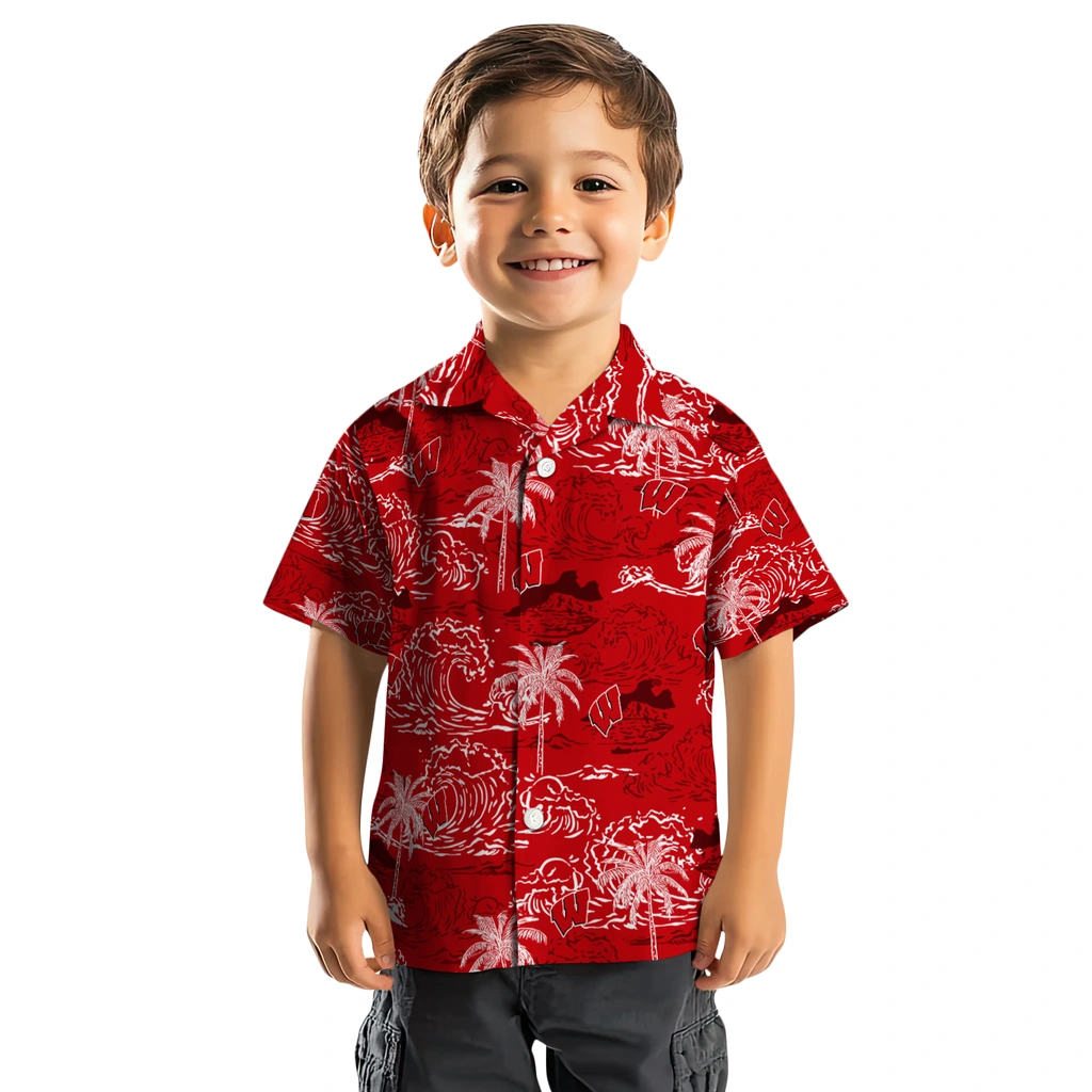 Wisconsin Badgers Hawaiian Shirt - Wave Palm wisconsin badgers wave palm red hawaiian shirts top rated