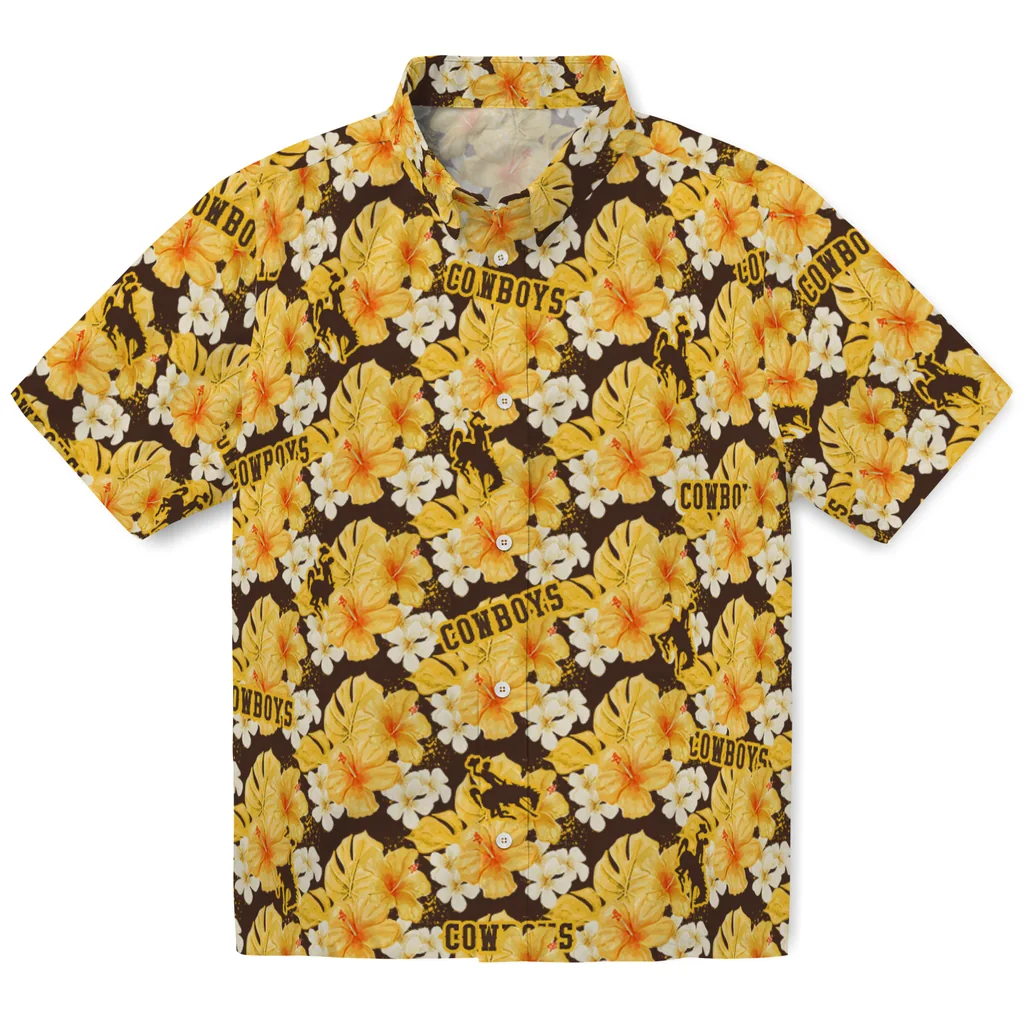 Wyoming Cowboys Hawaiian Shirt - Hibiscus Tropics wyoming cowboys hibiscus tropics brown yellow hawaiian shirts best selling