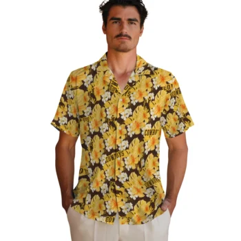 wyoming cowboys hibiscus tropics brown yellow hawaiian shirts fashion forward