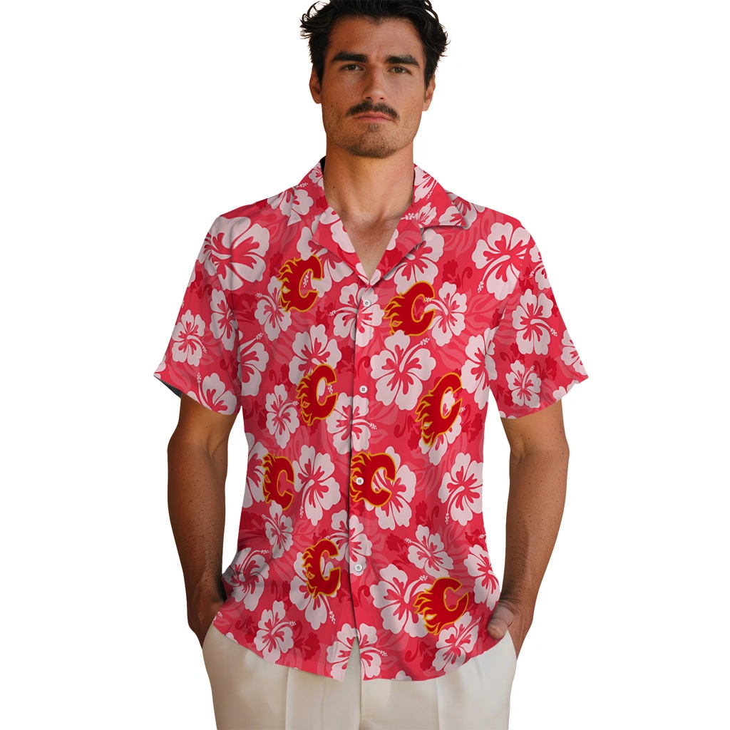 calgary-flames-hawaiian-shirt-hibiscus-cluster-red-fashion-forward.webp