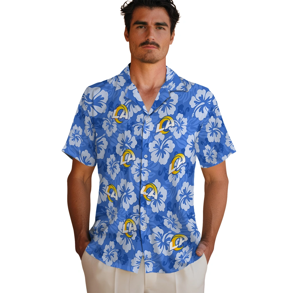 los-angeles-rams-hawaiian-shirt-hibiscus-cluster-blue-fashion-forward.webp