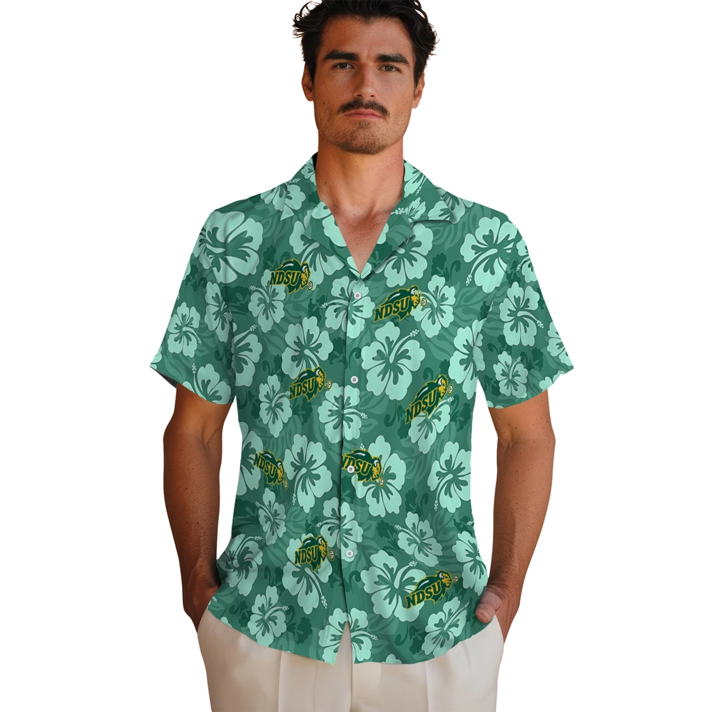 north-dakota-state-bison-hawaiian-shirt-hibiscus-cluster-green-fashion-forward.webp
