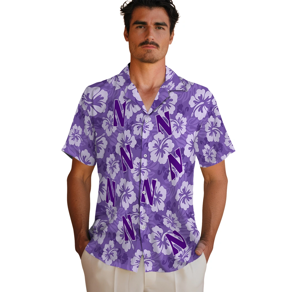 northwestern-wildcats-hawaiian-shirt-hibiscus-cluster-purple-fashion-forward.webp