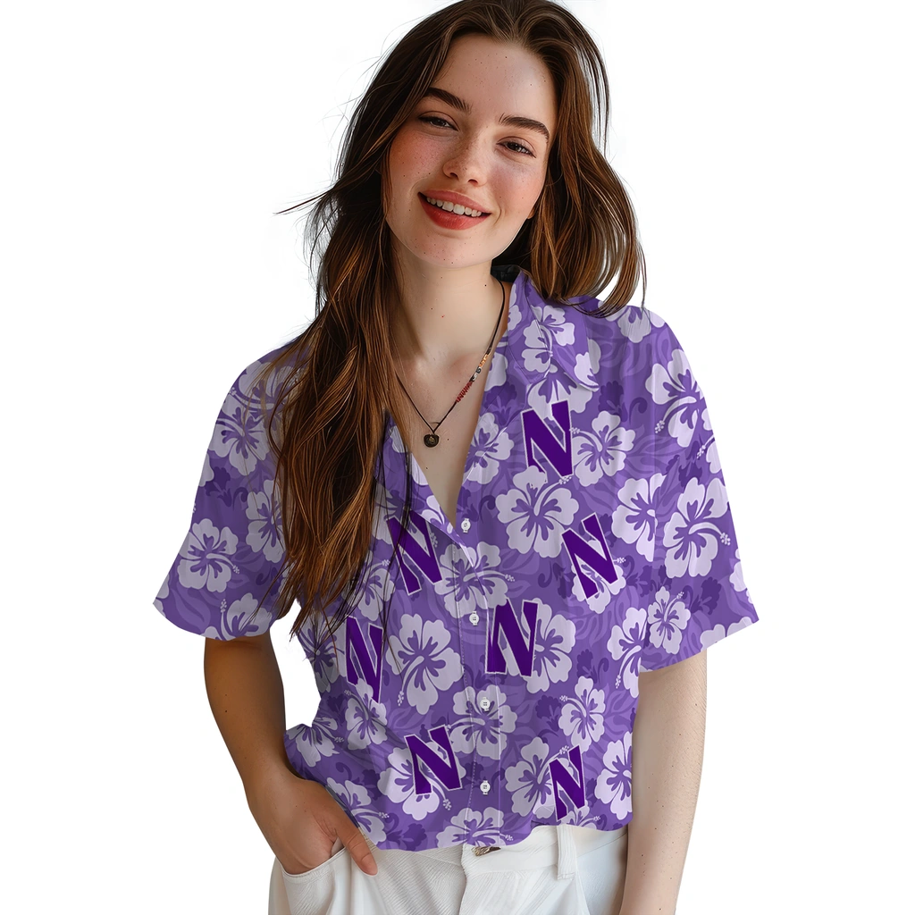 northwestern-wildcats-hawaiian-shirt-hibiscus-cluster-purple-latest-model.webp