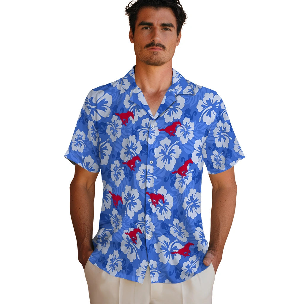 smu-mustangs-hawaiian-shirt-hibiscus-cluster-blue-fashion-forward.webp