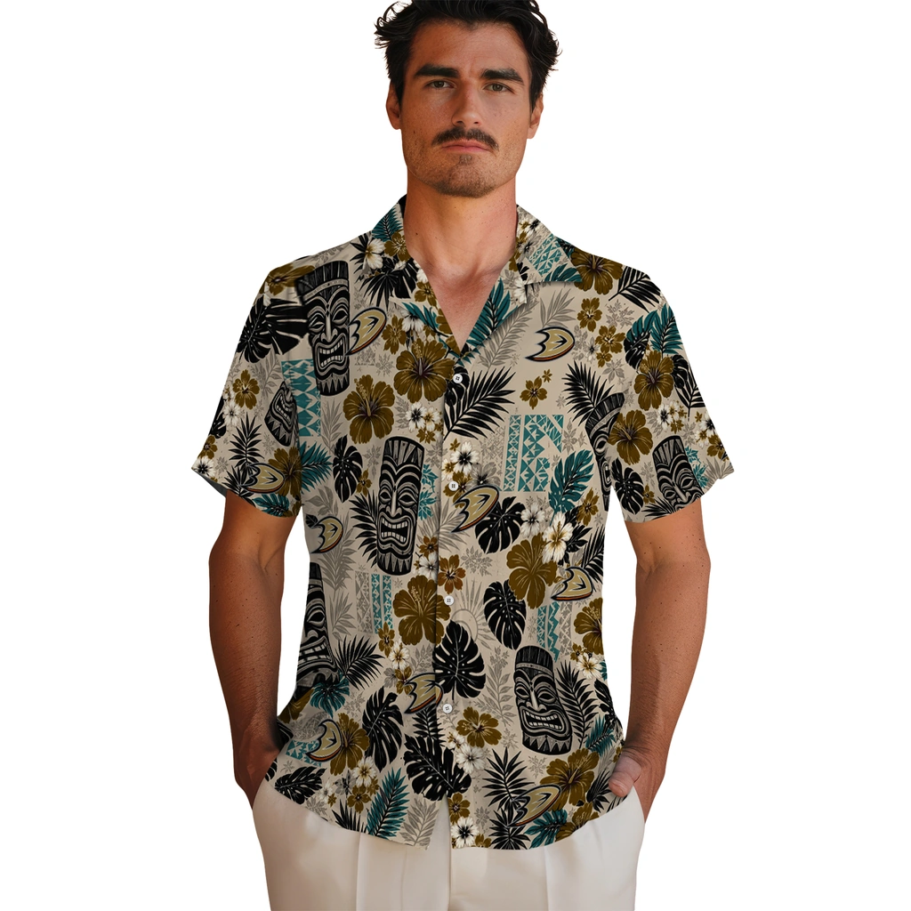 anaheim-ducks-hawaiian-shirt-customized-tiki-masks-warm-beige-fashion-forward.webp