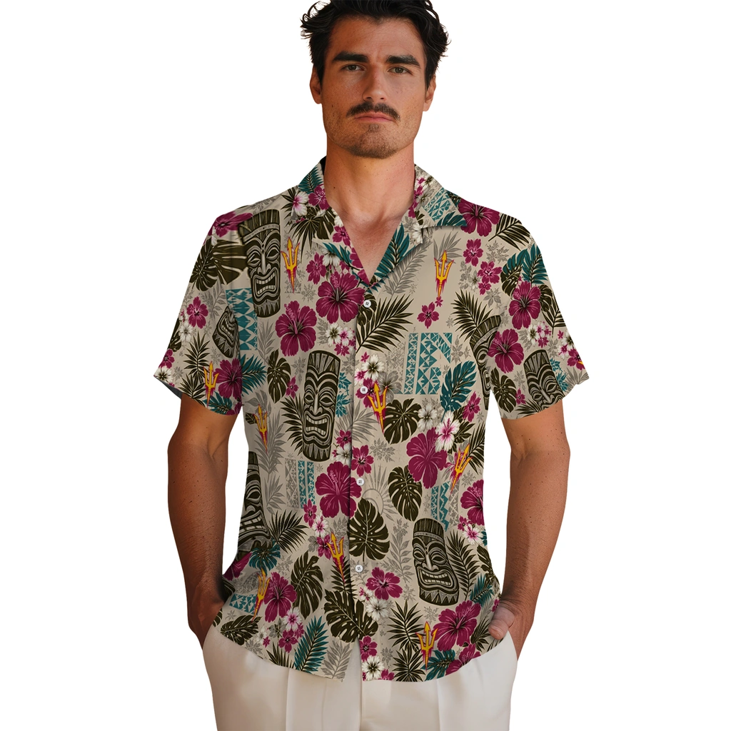 arizona-state-sun-devils-hawaiian-shirt-customized-tiki-masks-warm-beige-fashion-forward.webp