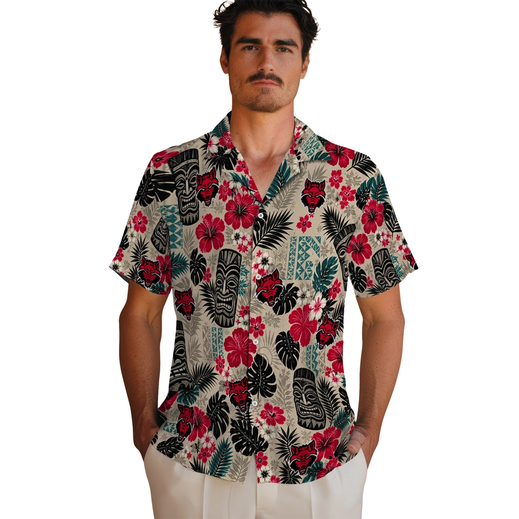 arkansas-state-red-wolves-hawaiian-shirt-custom-tiki-masks-warm-beige-fashion-forward.webp