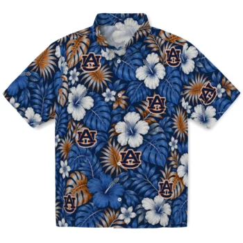 Auburn Tigers Hawaiian Shirt - Hibiscus Monstera Navy Blue