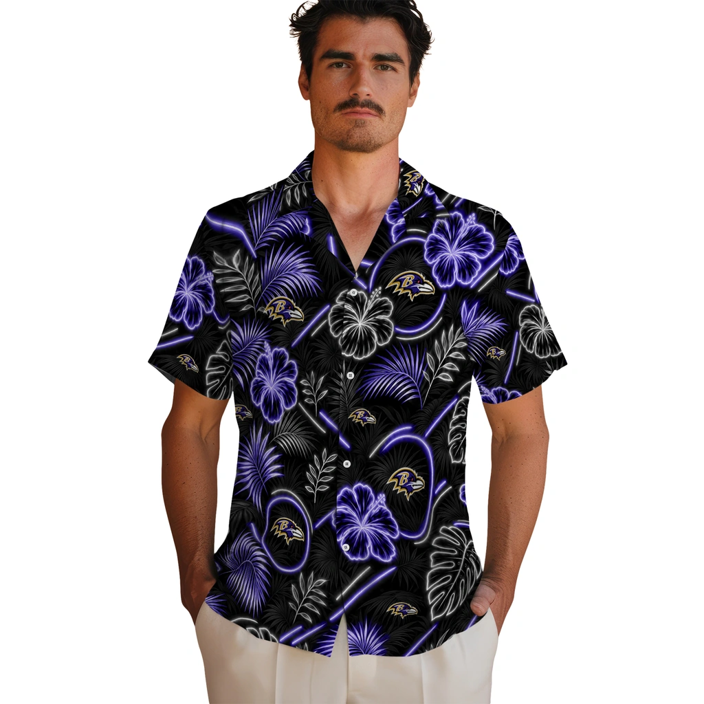 baltimore-ravens-hawaiian-shirt-custom-neon-florals-black-fashion-forward.webp