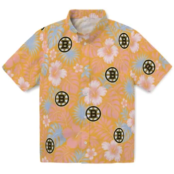 Boston Bruins Hawaiian Shirt - Hibiscus Monstera Gold