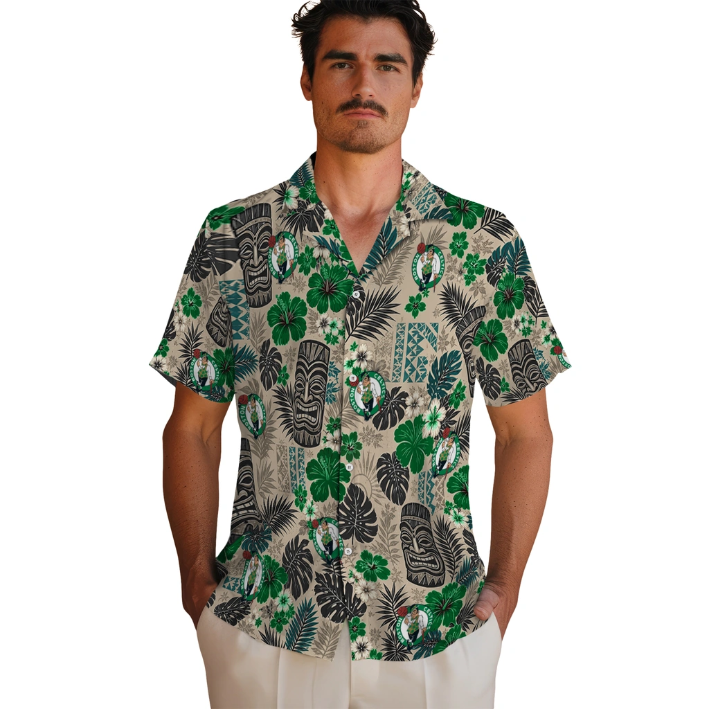boston-celtics-hawaiian-shirt-personalized-tiki-masks-warm-beige-fashion-forward.webp