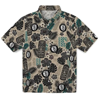 Brooklyn Nets Hawaiian Shirt - Tiki Masks Warm Beige
