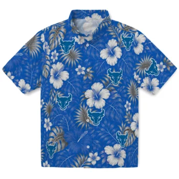 Buffalo Bulls Hawaiian Shirt - Hibiscus Monstera Royal Blue
