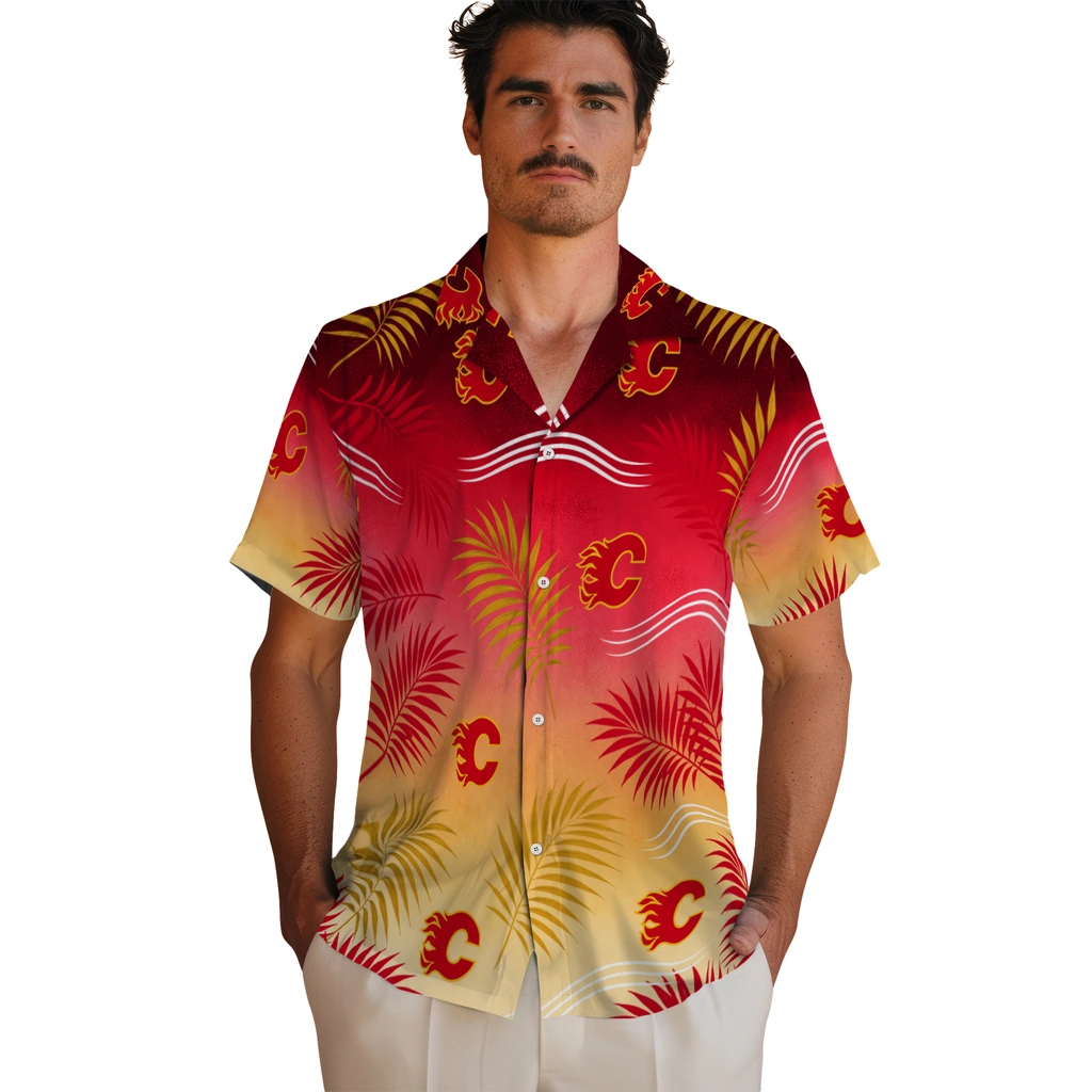 calgary-flames-hawaiian-shirt-customized-ombre-fronds-red-fashion-forward.webp