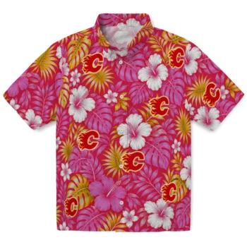 Calgary Flames Hawaiian Shirt - Hibiscus Monstera Red