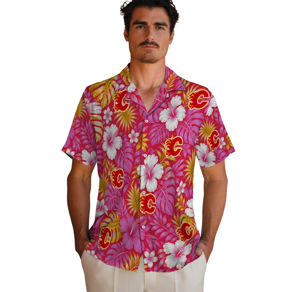 calgary-flames-hawaiian-shirt-personalized-hibiscus-monstera-red-fashion-forward.webp