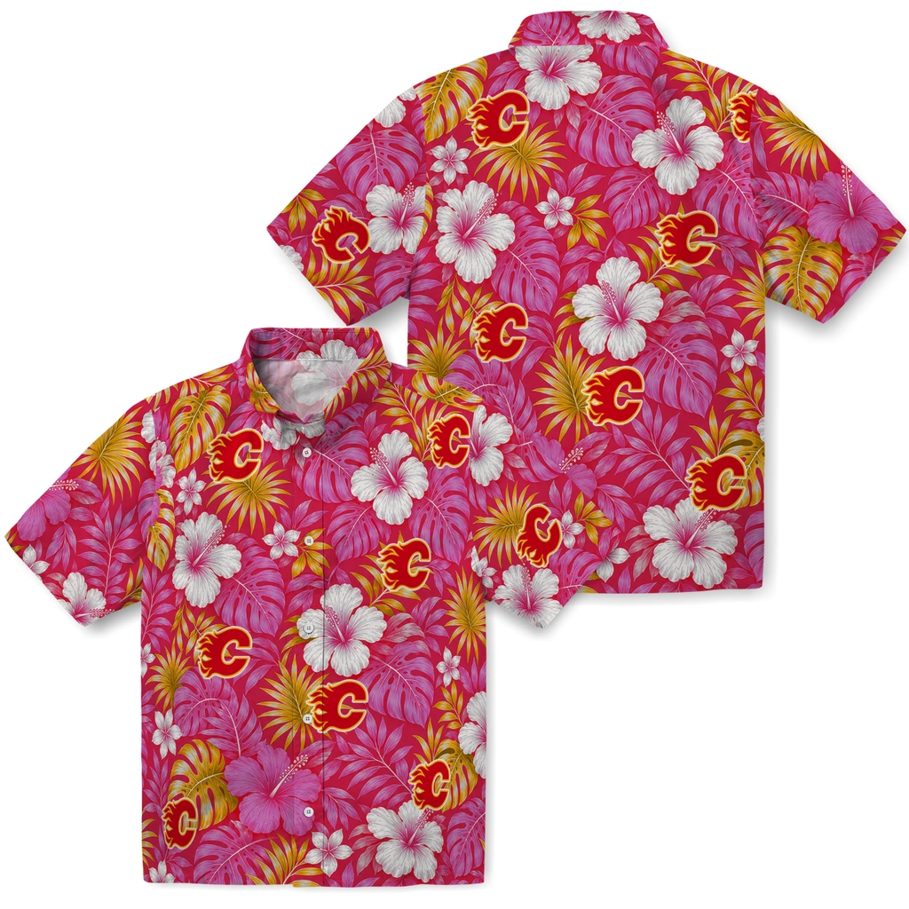 calgary-flames-hawaiian-shirt-personalized-hibiscus-monstera-red-high-quality.webp