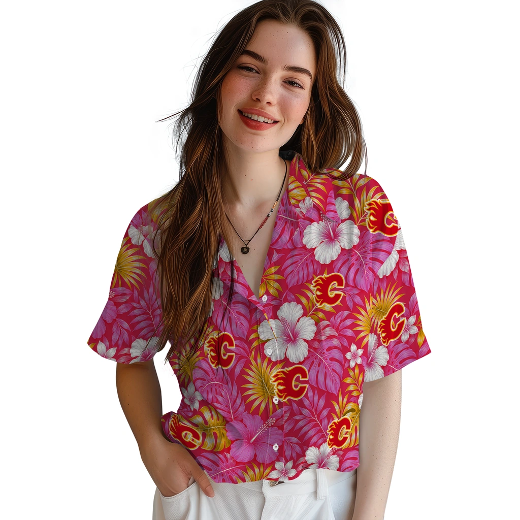 calgary-flames-hawaiian-shirt-personalized-hibiscus-monstera-red-latest-model.webp