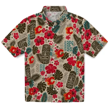 Calgary Flames Hawaiian Shirt - Tiki Masks Warm Beige