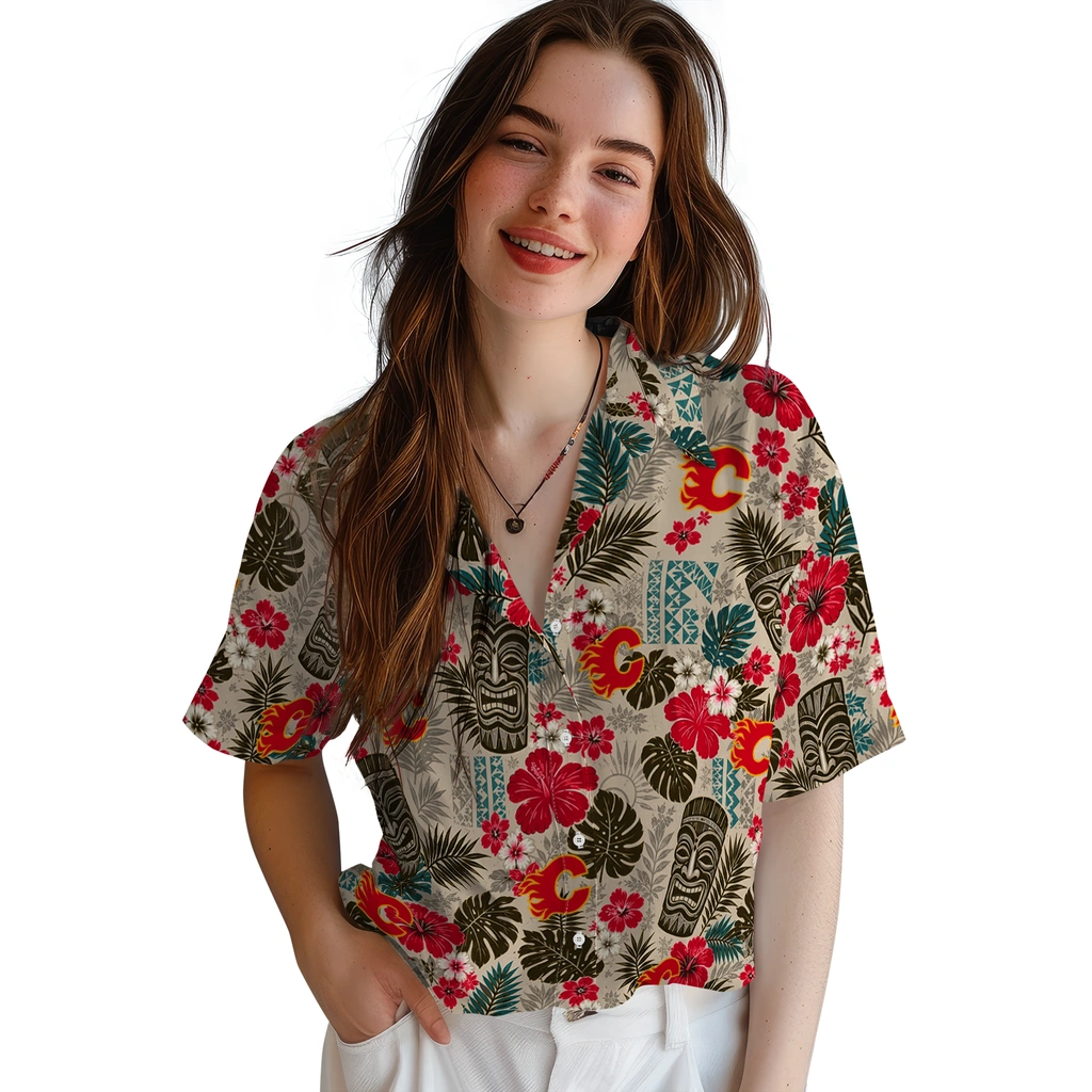 calgary-flames-hawaiian-shirt-personalized-tiki-masks-warm-beige-latest-model.webp