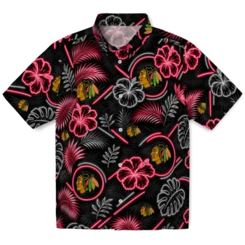 Chicago Blackhawks Hawaiian Shirt - Neon Florals Black