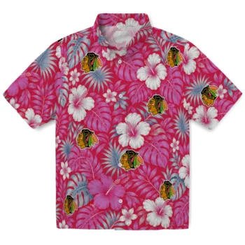 Chicago Blackhawks Hawaiian Shirt - Hibiscus Monstera Red