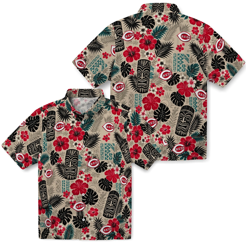 cincinnati-reds-hawaiian-shirt-personalized-tiki-masks-warm-beige-high-quality.webp