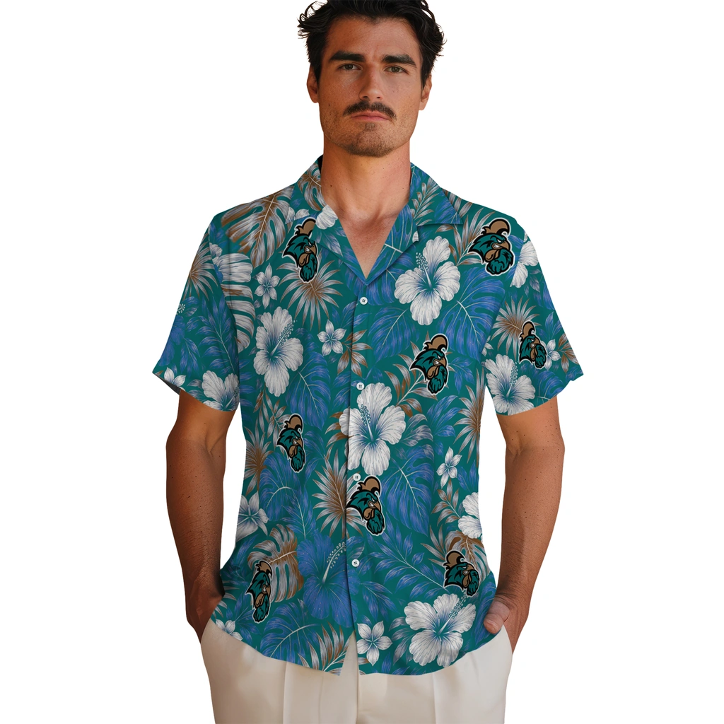 coastal-carolina-chanticleers-hawaiian-shirt-customized-hibiscus-monstera-green-fashion-forward.webp