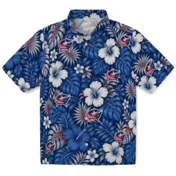Columbus Blue Jackets Hawaiian Shirt - Hibiscus Monstera Navy Blue