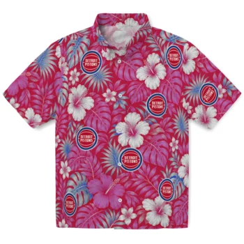 Detroit Pistons Hawaiian Shirt - Hibiscus Monstera Red
