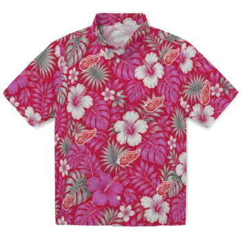 Detroit Red Wings Hawaiian Shirt - Hibiscus Monstera Red